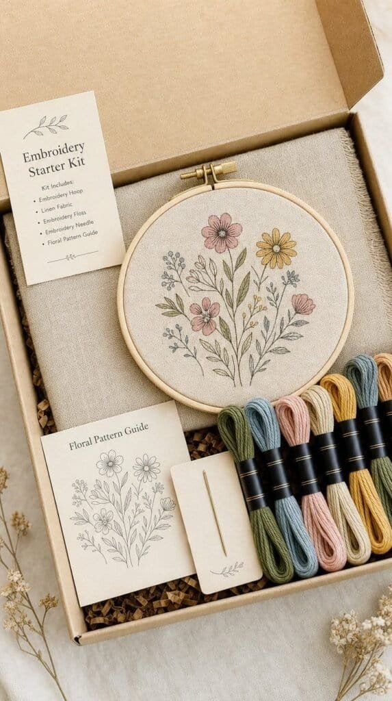 Embroidery hoop starter kit with floral pattern, colored floss and needle in a small box