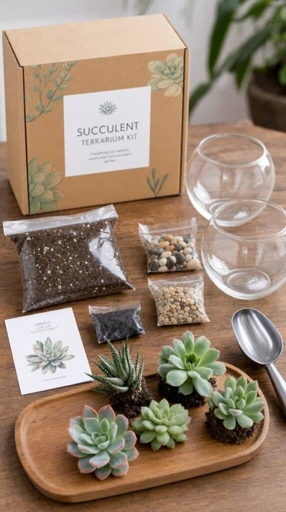 Succulent terrarium kit with glass bowls, soil, tiny succulents and pebbles on a wood table