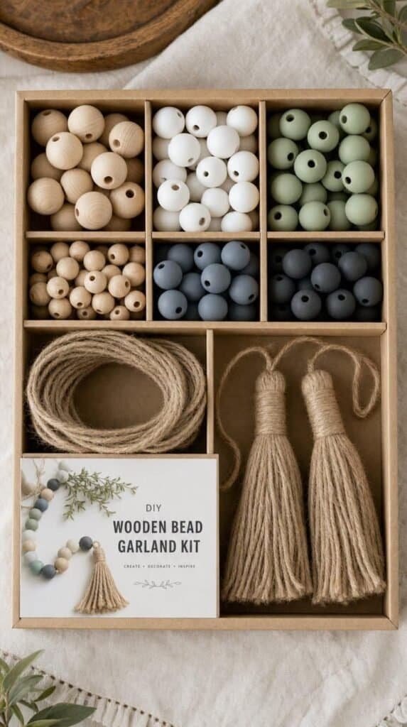 Wooden bead garland kit with natural and painted beads, jute cord and tassels in a tray