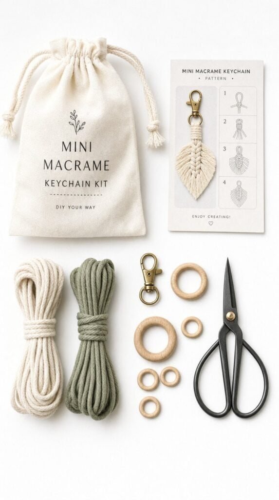 Mini macrame keychain kit with cotton cord, wooden rings, scissors and a pattern card