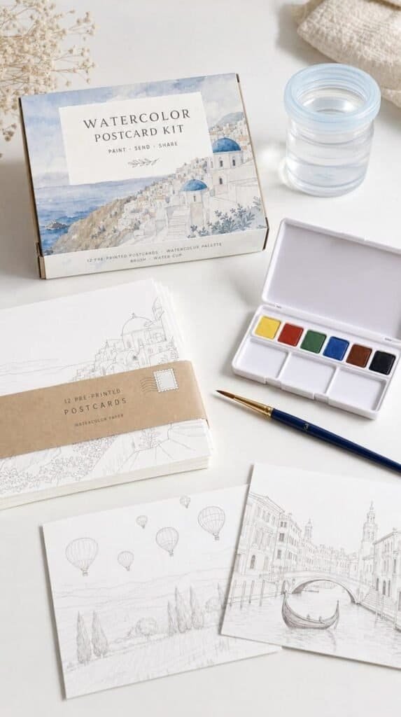 Watercolor postcard kit with a small paint palette, brush and pre-printed postcards