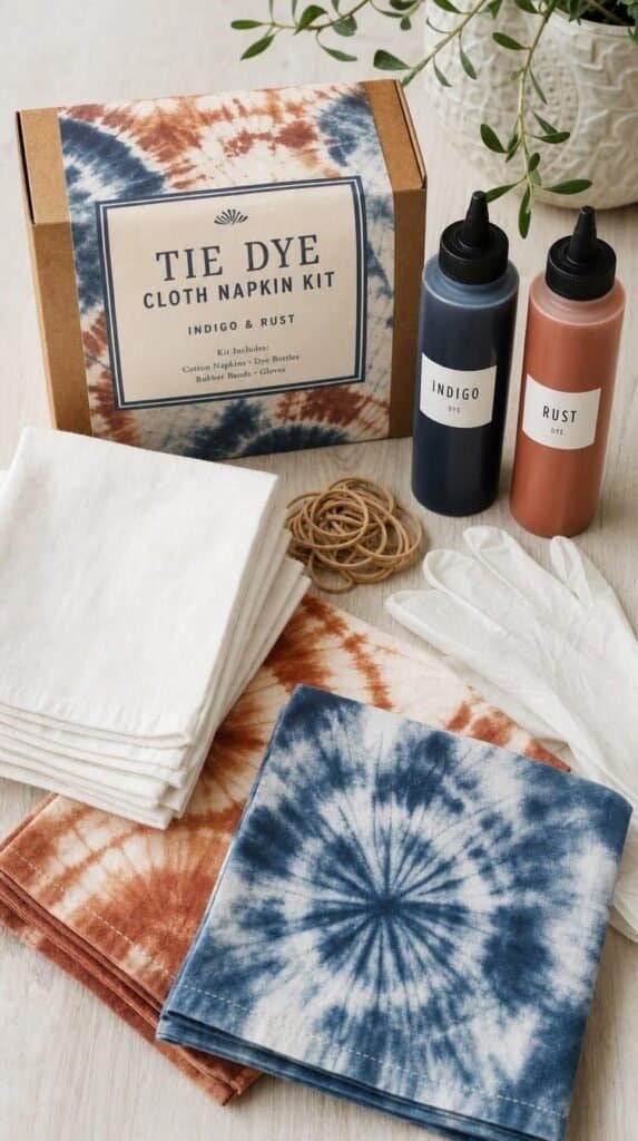 Tie dye cloth napkin kit with rubber bands, indigo and rust dye bottles and white napkins