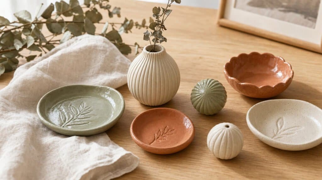 Finished air-dry clay trinket dishes, vase and ornaments in matte and glossy glaze finishes
