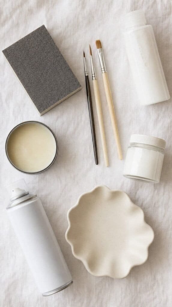 Flat lay of sanding sponge, brushes, varnish, wax and sealant for finishing air-dry clay