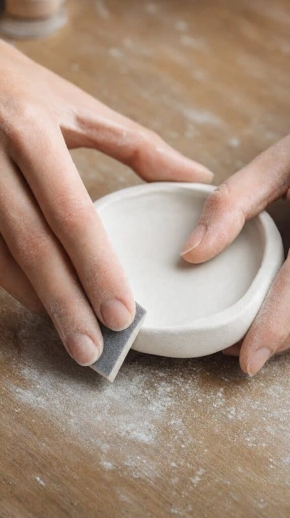 Hands sanding the rim of a dry air-dry clay trinket dish with a fine sanding sponge -finishes and glazes for air-dry clay