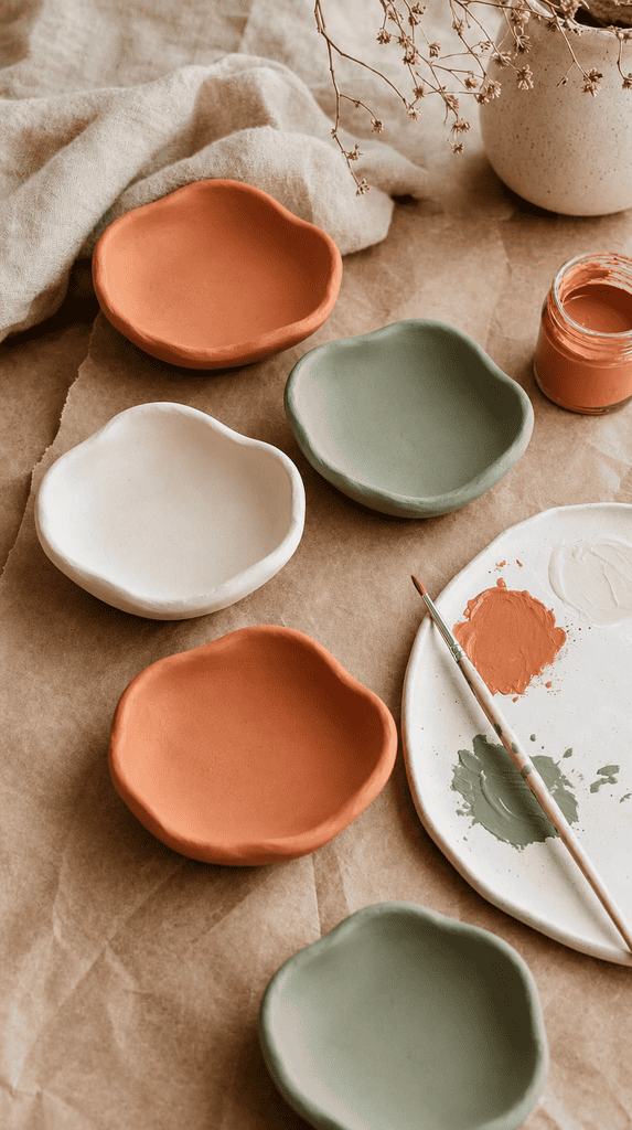 Painted terracotta, cream and sage air-dry clay bowls with a brush on a ceramic palette