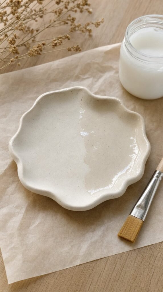 Cream clay dish half coated with satin decoupage medium beside a brush and open jar