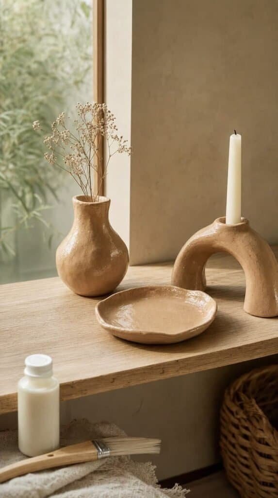 Styled shelf of varnished air-dry clay vase, dish and candle holder with a soft sheen