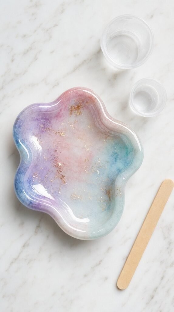 Glossy resin-coated air-dry clay trinket dish with mixing cups on white marble