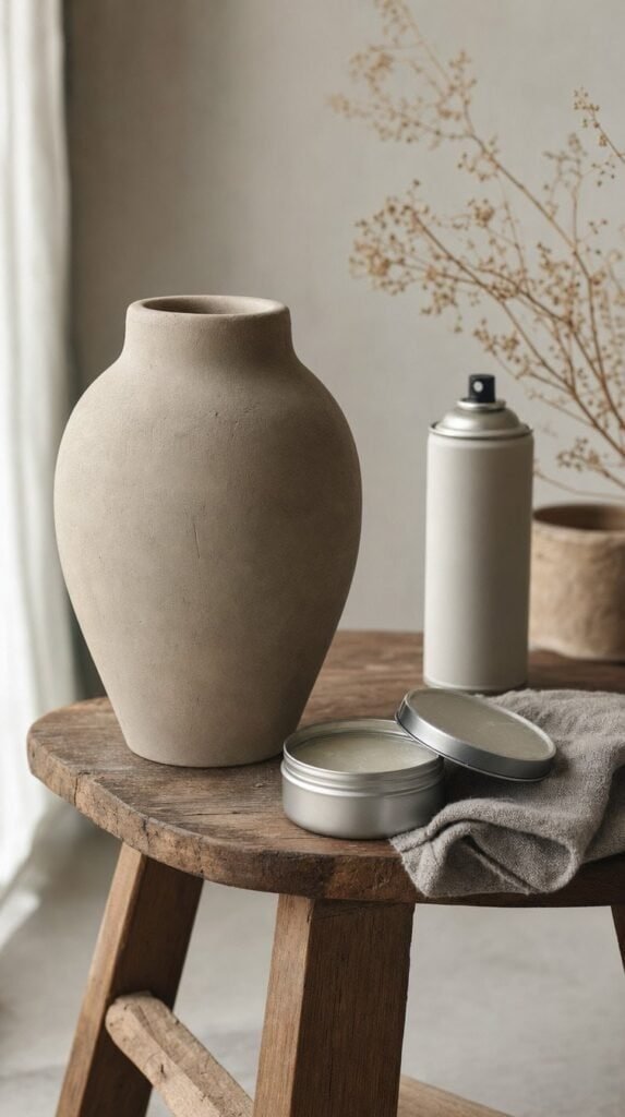 Matte stone-look air-dry clay vase on a wooden stool beside a tin of paste wax