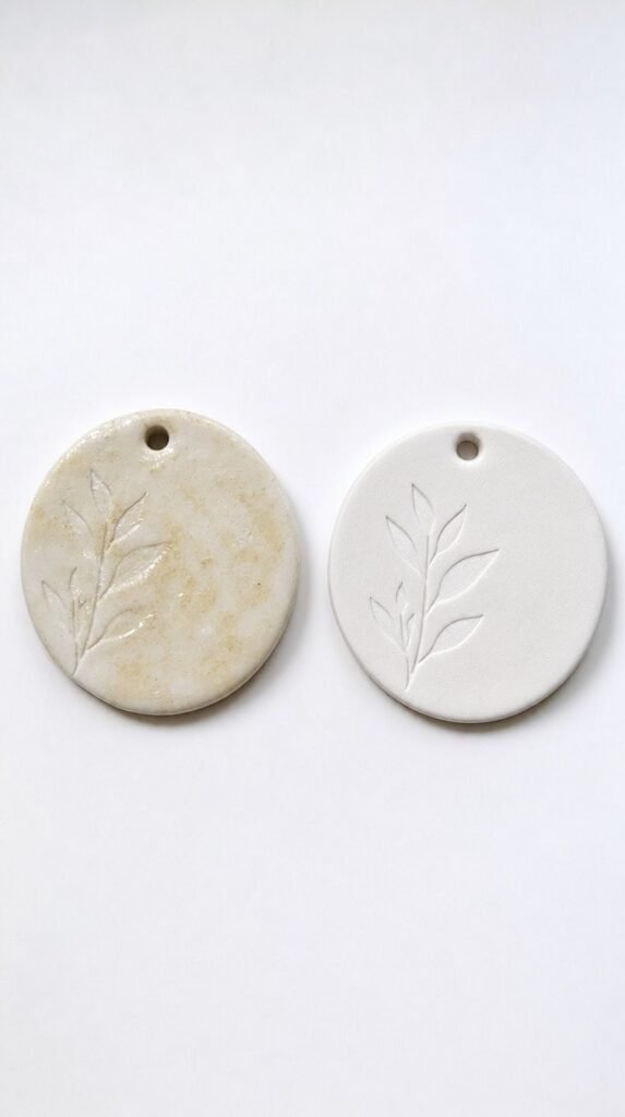 Two clay ornaments compared, one with a cloudy yellowed coating and one with a clear finish