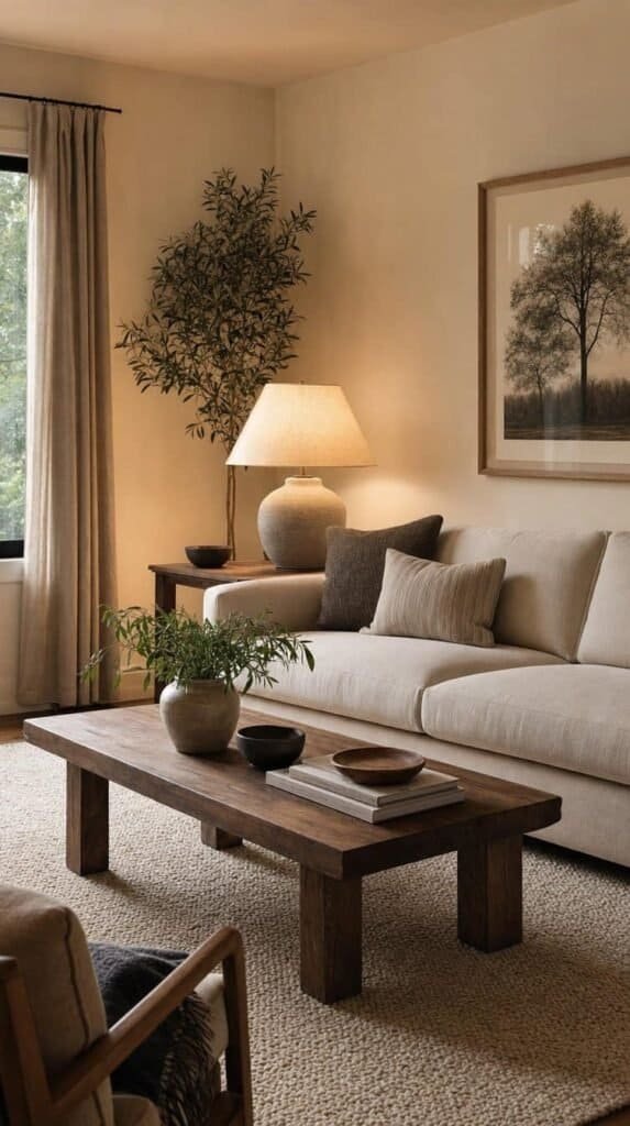 Calm cozy minimalist living room with warm white walls and a glowing linen lamp