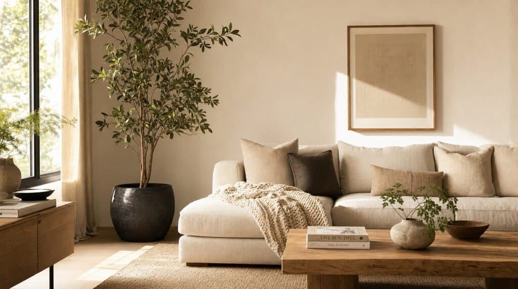 Cozy minimalist living room with warm white walls, oatmeal sofa, and oak coffee table