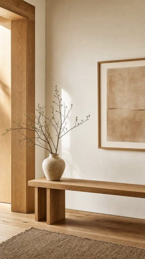 Warm white walls with natural oak bench and simple ceramic vase