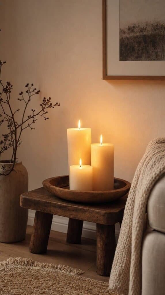 Three cream pillar candles on a wooden tray atop a low stool