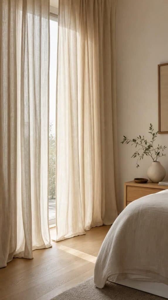 Floor length natural linen curtains filtering sunlight in a minimalist bedroom