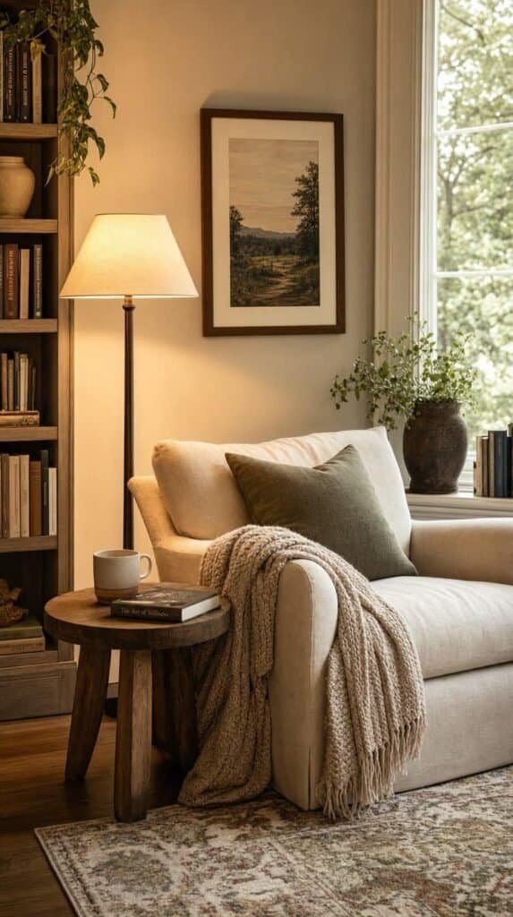 Reading nook with cream armchair, knit throw, side table, and glowing floor lamp