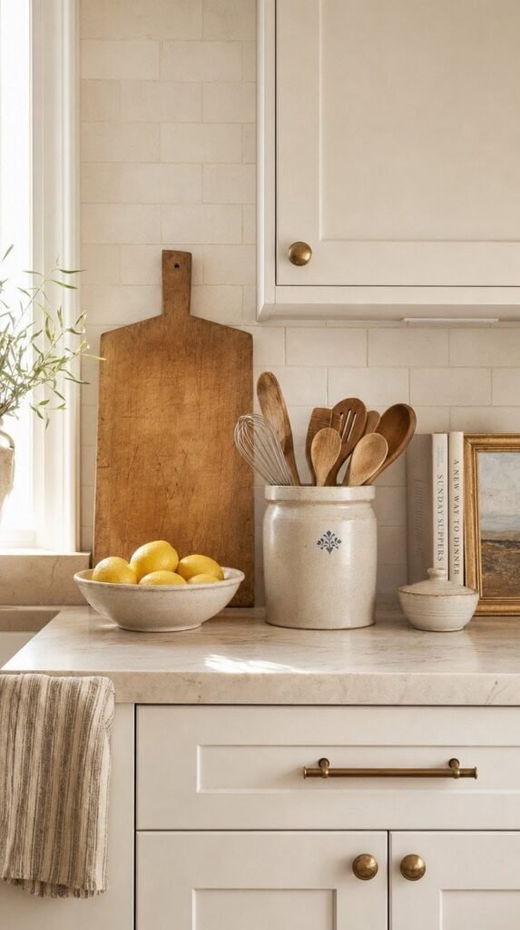 Minimalist kitchen counter with wooden board, ceramic crock, and a bowl of lemons