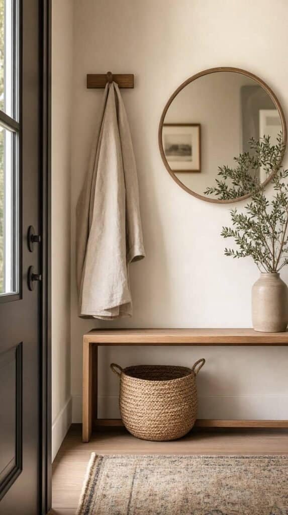 Minimalist entryway with slim wooden bench, woven basket, and round mirror