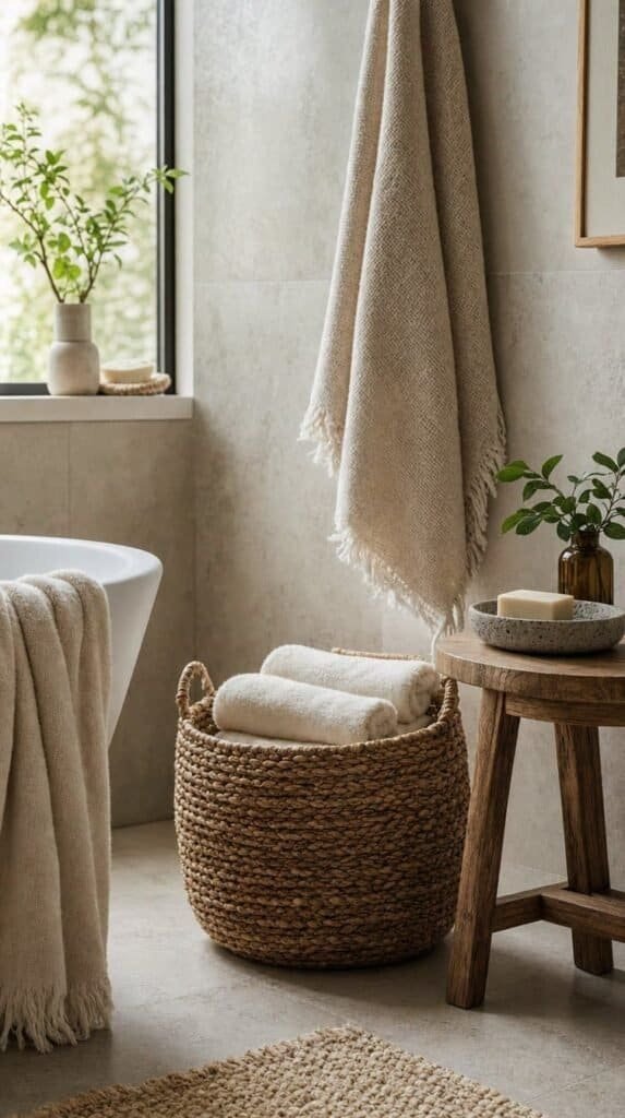 Bathroom with woven basket, cream towels, wooden stool, stone soap dish, and plant