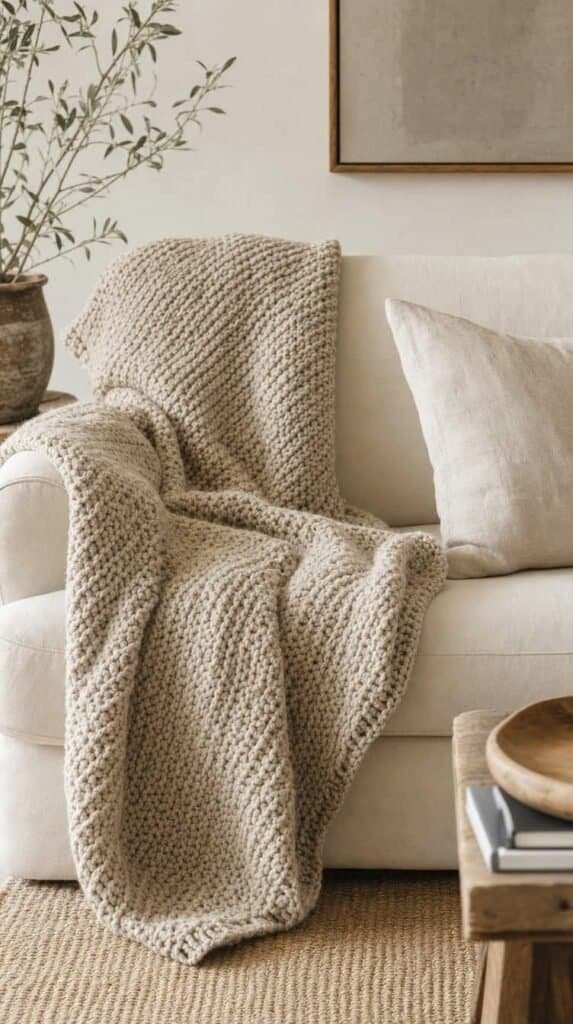 Cream sofa draped with a chunky oatmeal knit throw and linen pillow
