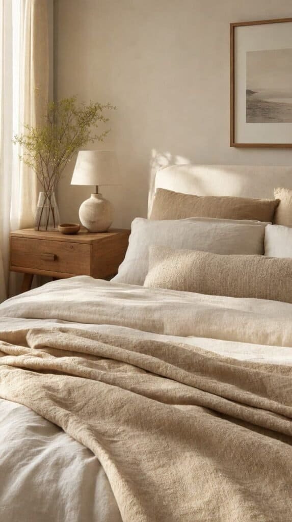 Bed with layered cream, sand, and beige linen bedding beside a wooden nightstand