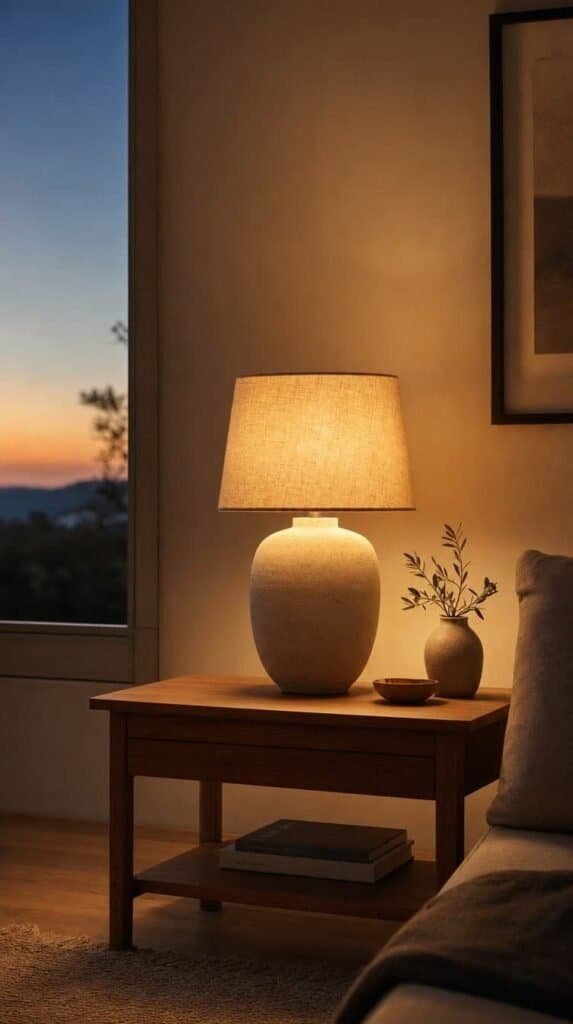 Warm table lamp with a linen shade glowing on a wooden side table