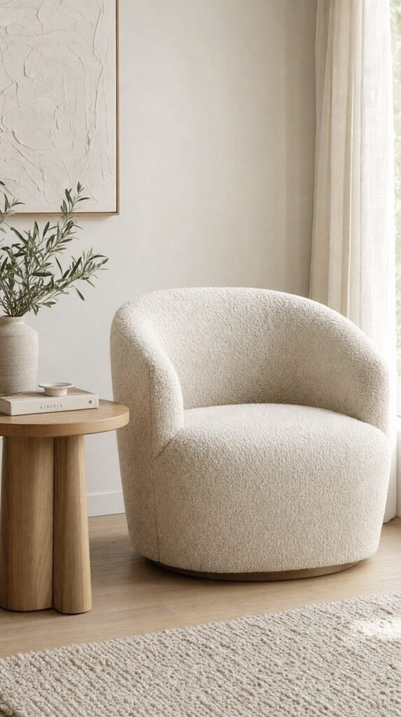Cream boucle accent chair in a bright corner with a small round wooden table