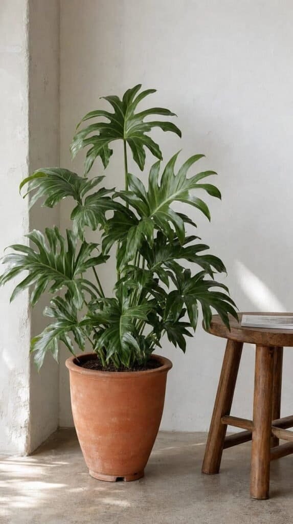 Large leafy plant in a terracotta pot beside a white wall and wooden stool