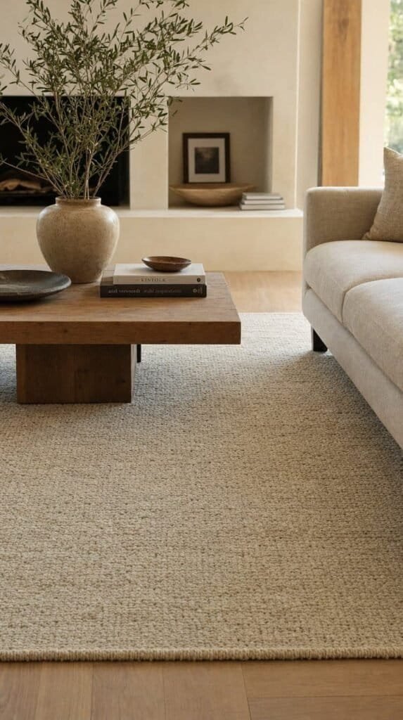 Oatmeal wool area rug under a low wooden coffee table and neutral sofa