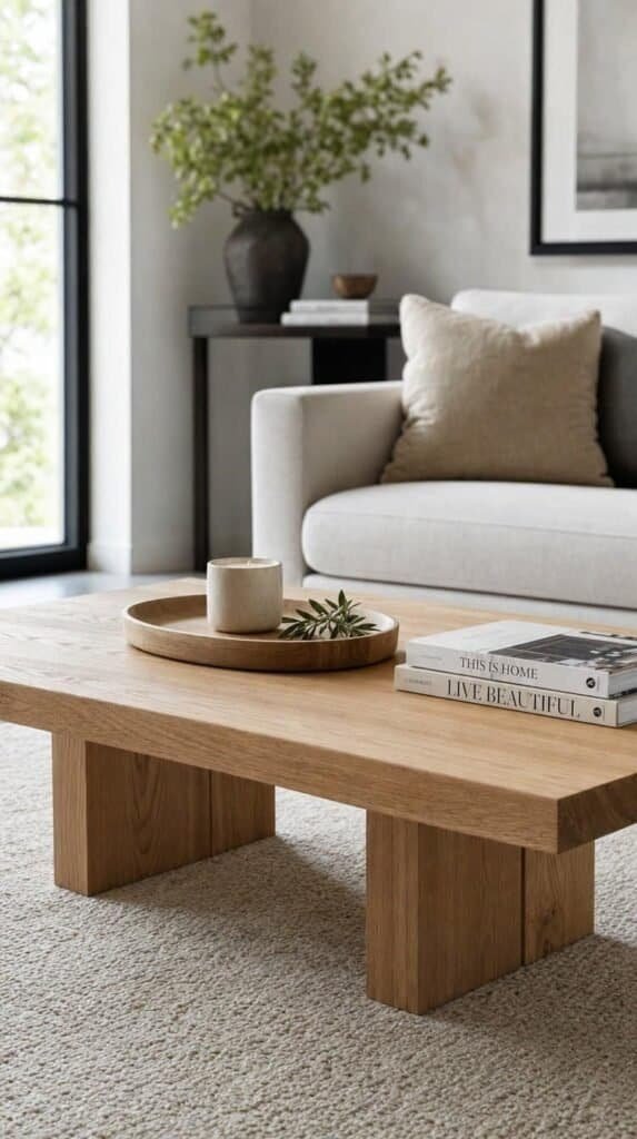 Oak coffee table styled with a wooden tray, candle, and small stack of books