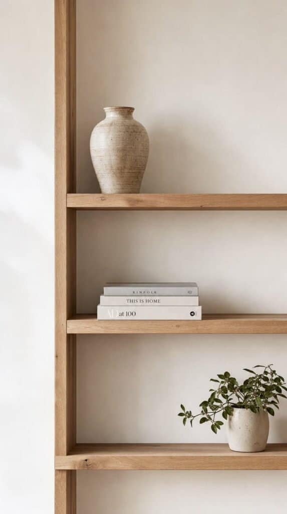 Open wooden shelf with a vase, books, and small plant surrounded by empty space