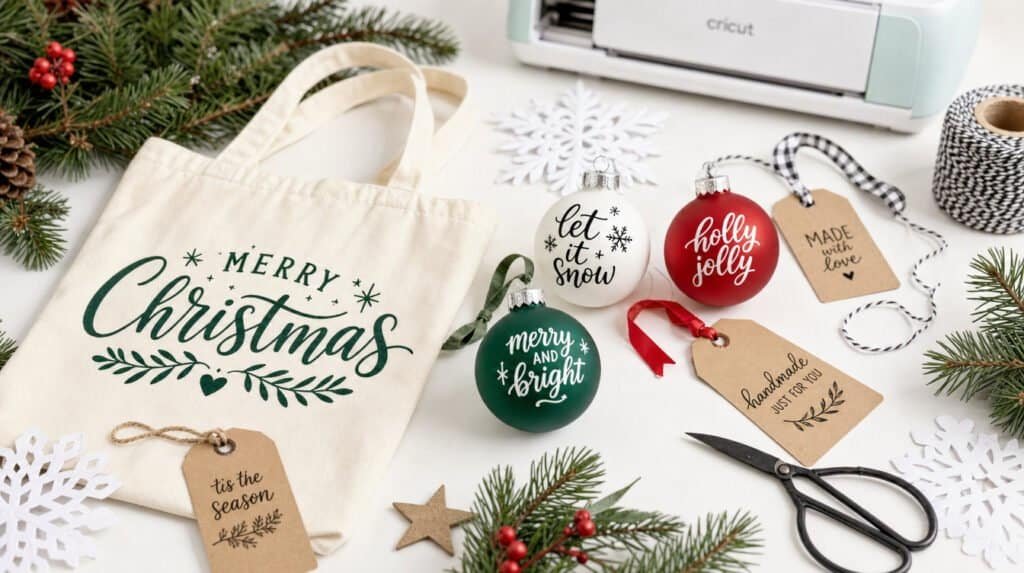 Flat lay of handmade Christmas projects including vinyl ornaments, a tote bag, gift tags and paper snowflakes