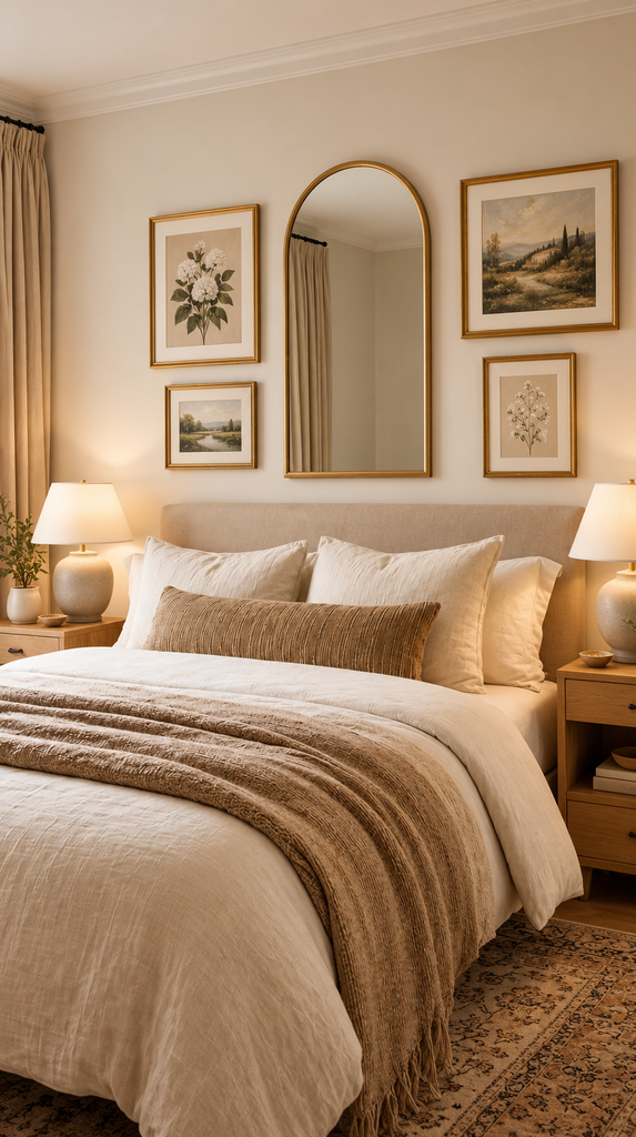 Serene finished bedroom with a styled feature wall of art and a mirror above a neutral bed
