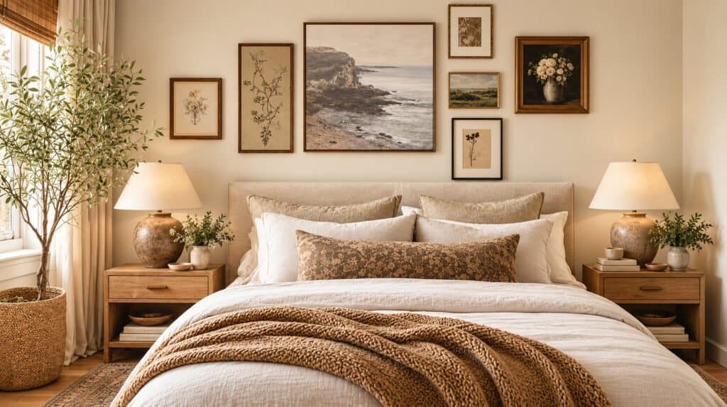 Bright bedroom with a styled gallery wall above a neutral linen bed