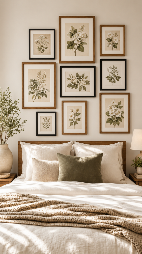 Bedroom gallery wall of mixed black and wood frames above a bed with cream bedding - empty bedroom wall ideas