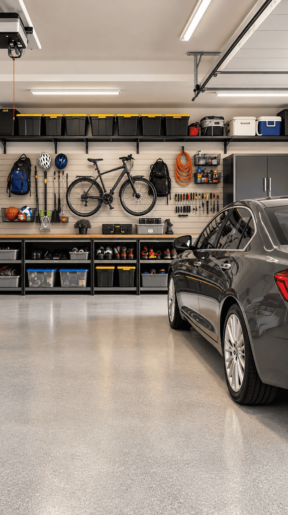 Spotless organized garage with a parked car and a full wall of shelves, hooks and bins