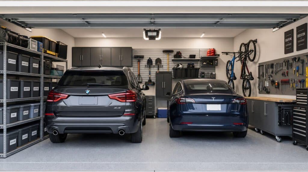 Clean organized two car garage with wall storage, labeled bins, bikes on hooks and a pegboard