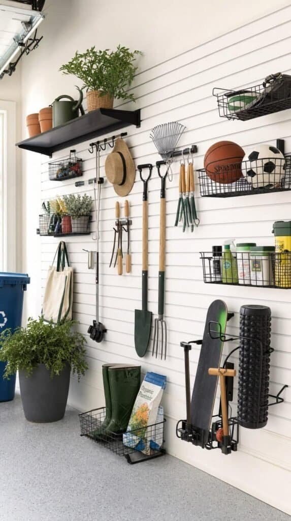 Garage wall covered in slatwall panels holding hooks, baskets, garden tools and sports gear