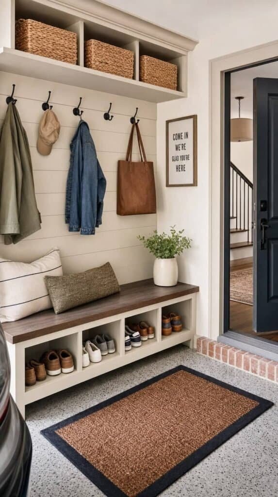 Garage entry bench with shoe cubbies, coat hooks and baskets beside the door to the house