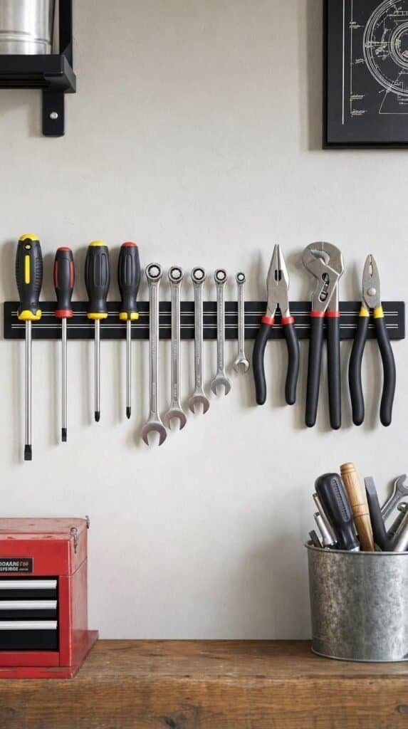 Magnetic tool strip on a garage wall holding screwdrivers, wrenches and pliers in a row