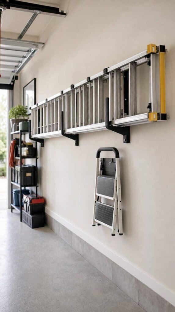 Wall mounted brackets holding an extension ladder flat along a garage wall with a step stool below