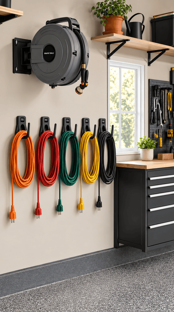 Wall mounted hose reel and a row of cord hangers with coiled extension cords in a tidy garage