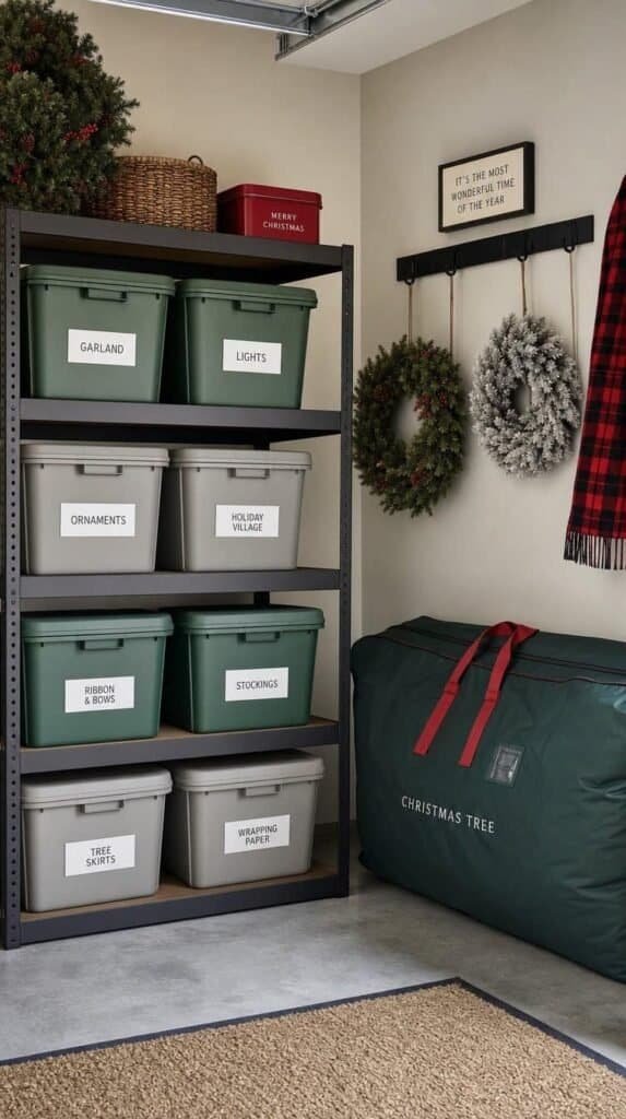 Garage corner with labeled holiday decor bins on shelves, wreath hooks and a tree storage bag