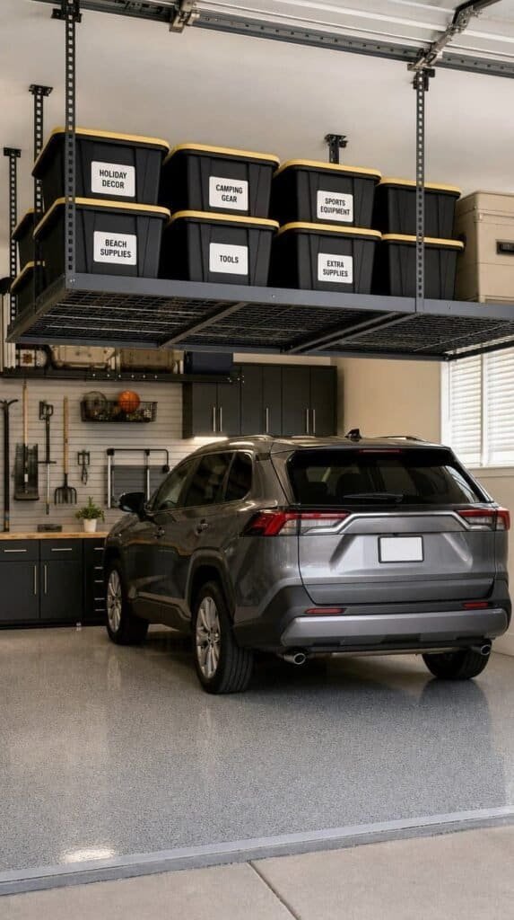 Overhead ceiling storage racks in a garage holding labeled bins above the parking space -garage organization ideas