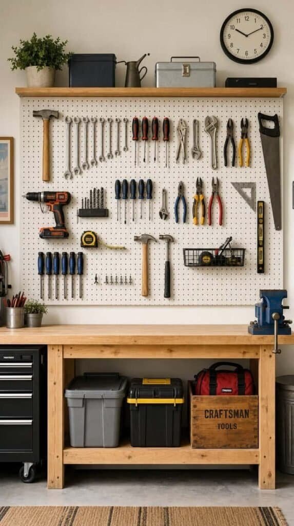 Garage pegboard wall with outlined tools hung neatly above a wooden workbench