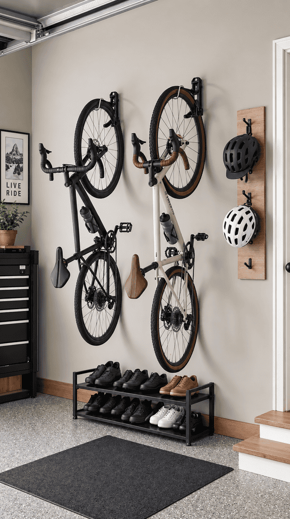 Bikes hung vertically from wall hooks in a tidy garage with helmets on pegs