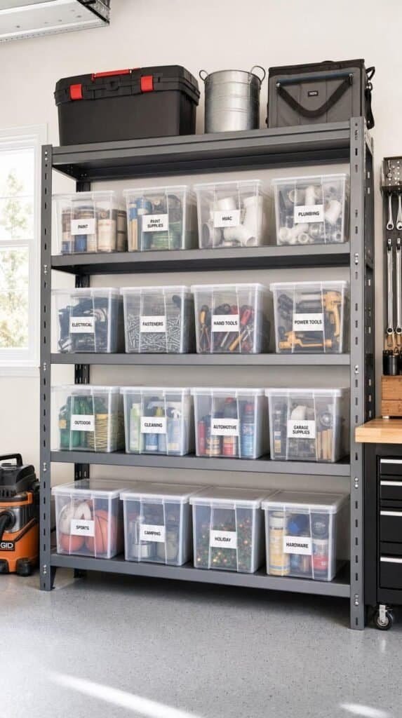 Heavy duty metal shelving unit in a garage with uniform clear bins and neat labels
