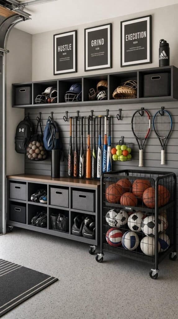 Garage sports gear station with a rolling ball cage, wall hooks for bats and rackets and helmet cubbies