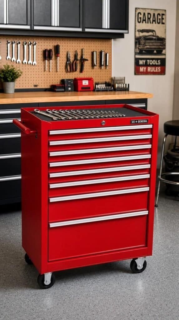 Red rolling tool chest in a tidy garage workshop with closed drawers and a wrench set on top